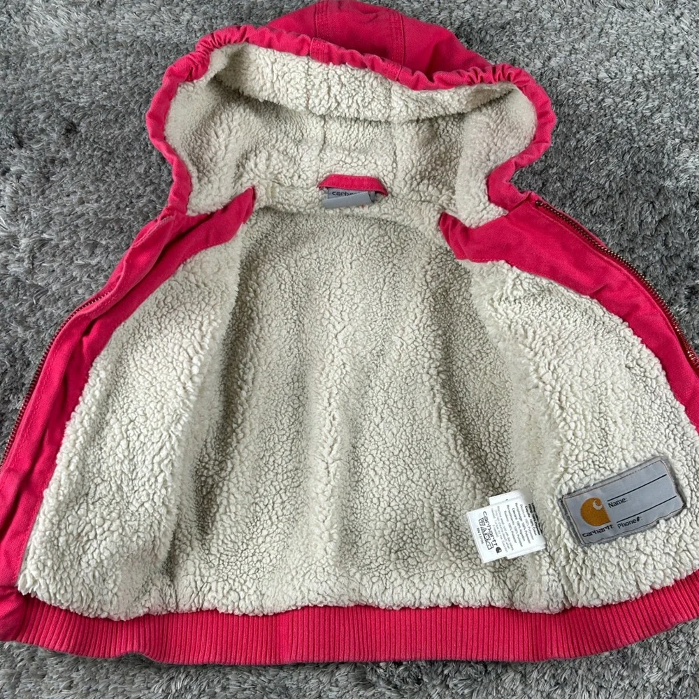Carhartt‎ Canvas Hooded Jacket Kids 18M Pink Sherpa Lined Active Zip Up Coat